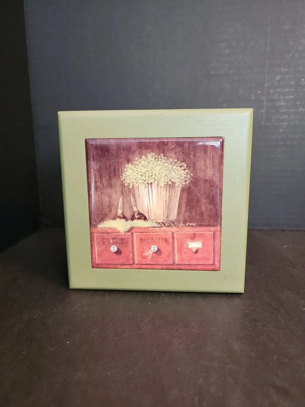 Arnie Fisk Print Tile Top Green Wooden Jewelry/Trinket Box 5.5